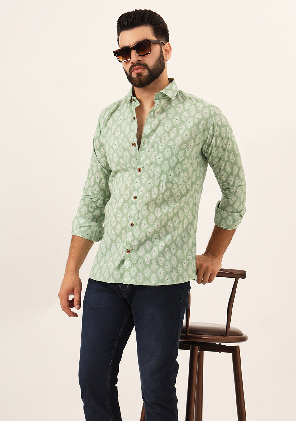 Green Paisley Print Pure Cotton Regular Fit Casual Shirt
