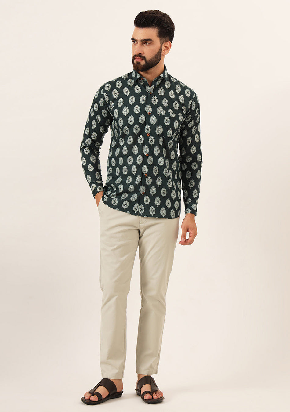Dark Green Printed Pure Cotton Regular Fit Casual Shirt