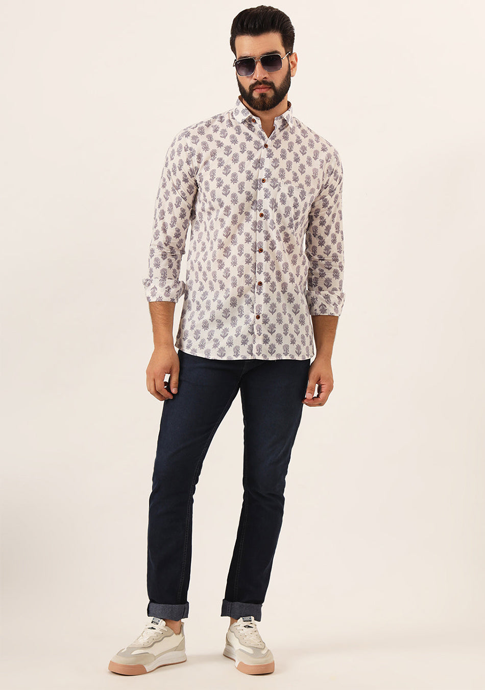 Cream Quirky Print Pure Cotton Regular Fit Casual Shirt