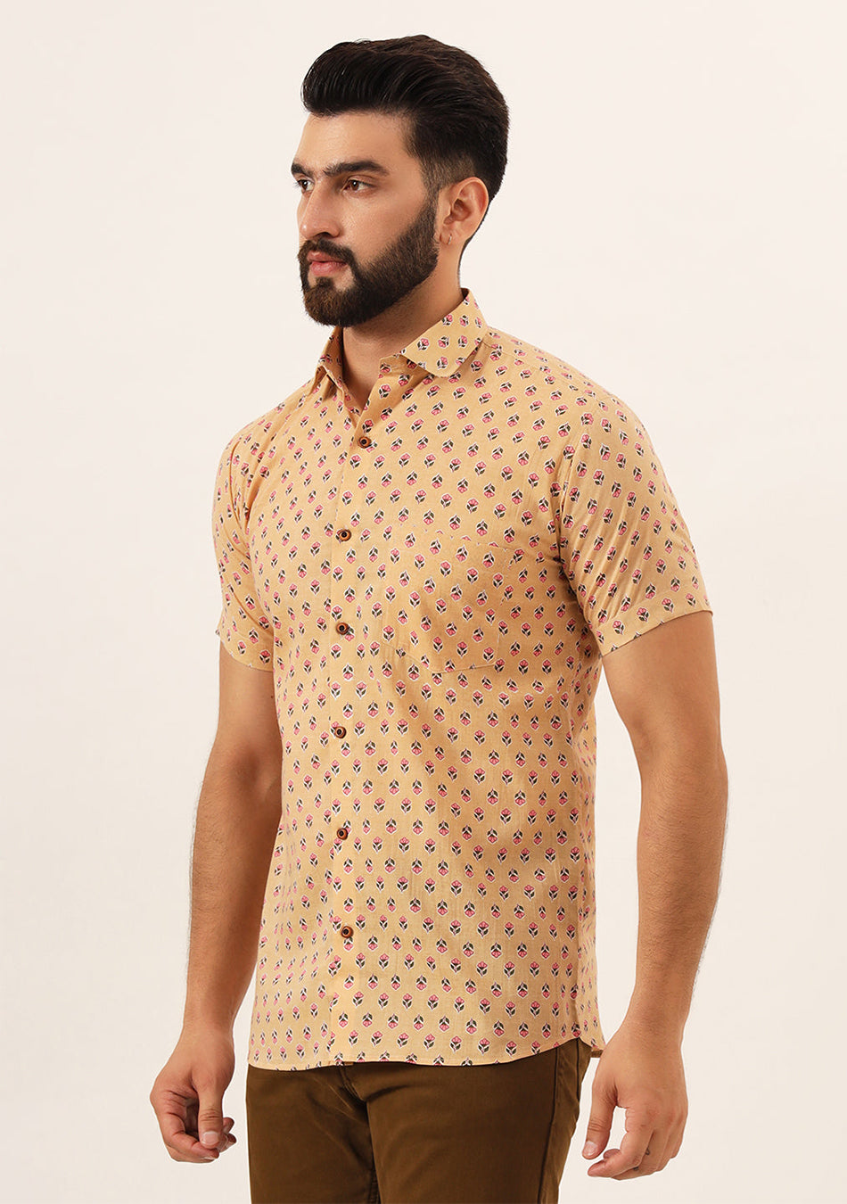 Beige Printed Pure Cotton Regular Fit Casual Shirt