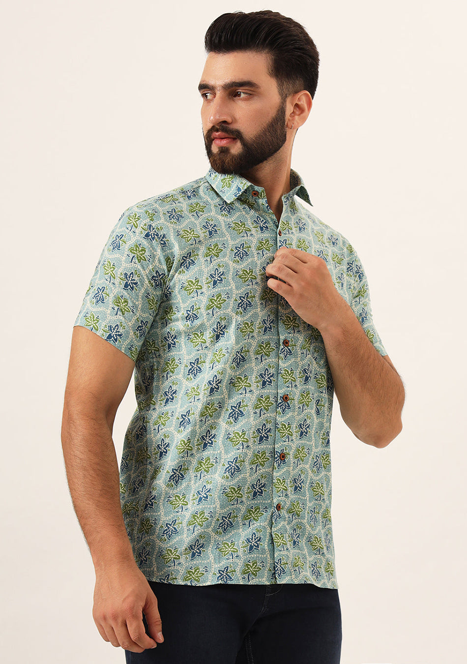 Green Floral Print Pure Cotton Regular Fit Casual Shirt