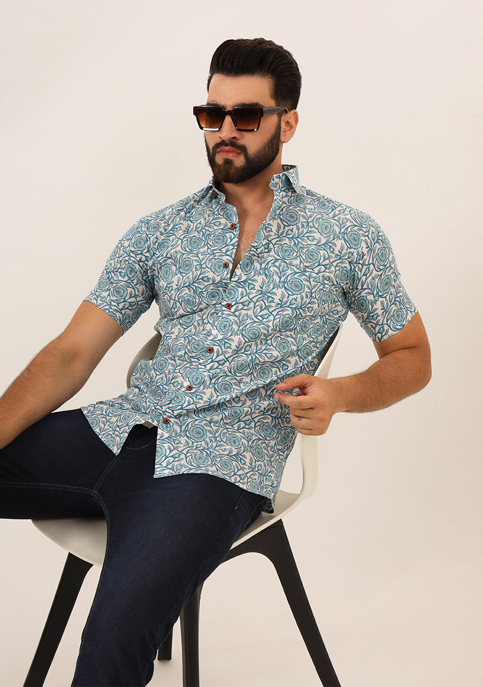 Sky Blue Floral Print Pure Cotton Regular Fit Casual Shirt