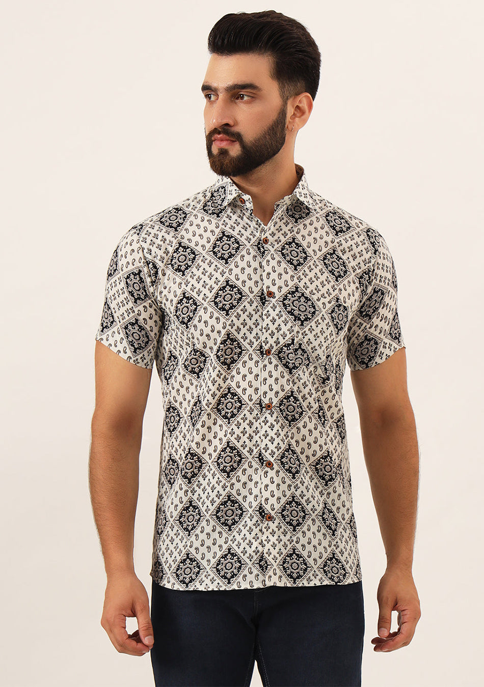 White Geometric Pure Cotton Regular Fit Casual Shirt
