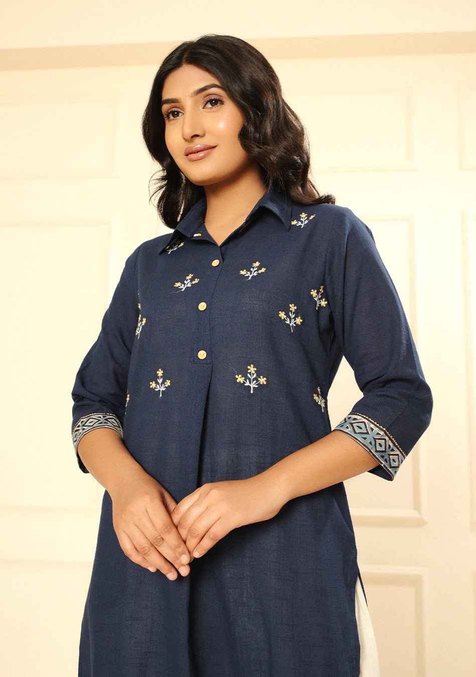 Navy Blue Solid Cotton Kurta