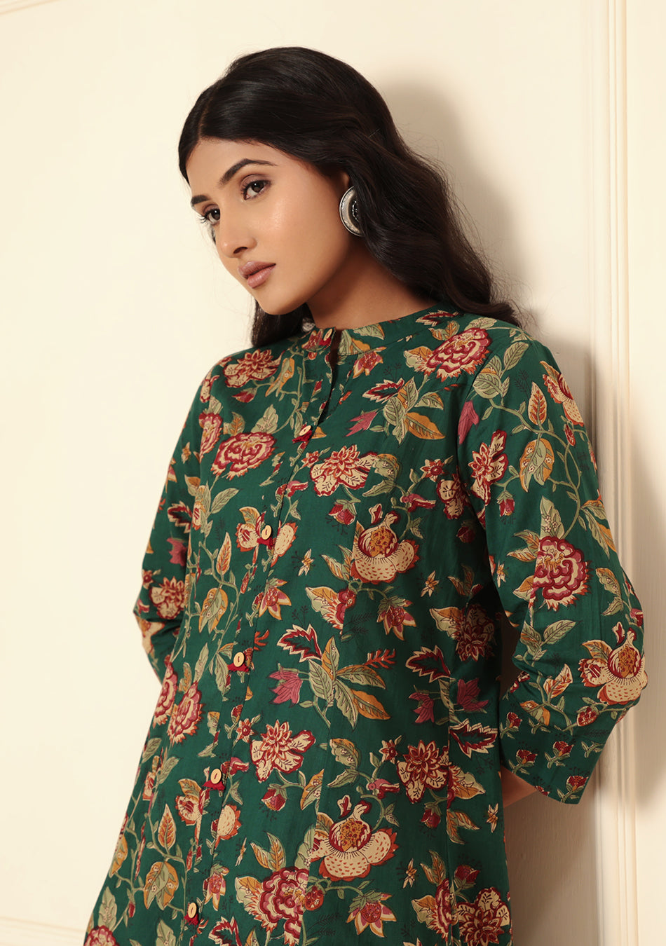 Emerald Bloom Floral Print A-Line Kurta