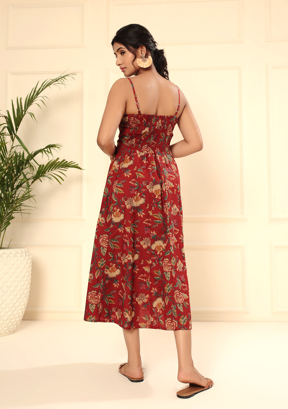 Crimson Red Shoulder Straps Floral Dress