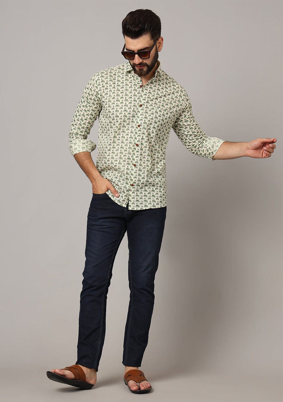Green Ethnic Motif Pure Cotton Regular Fit Casual Shirt