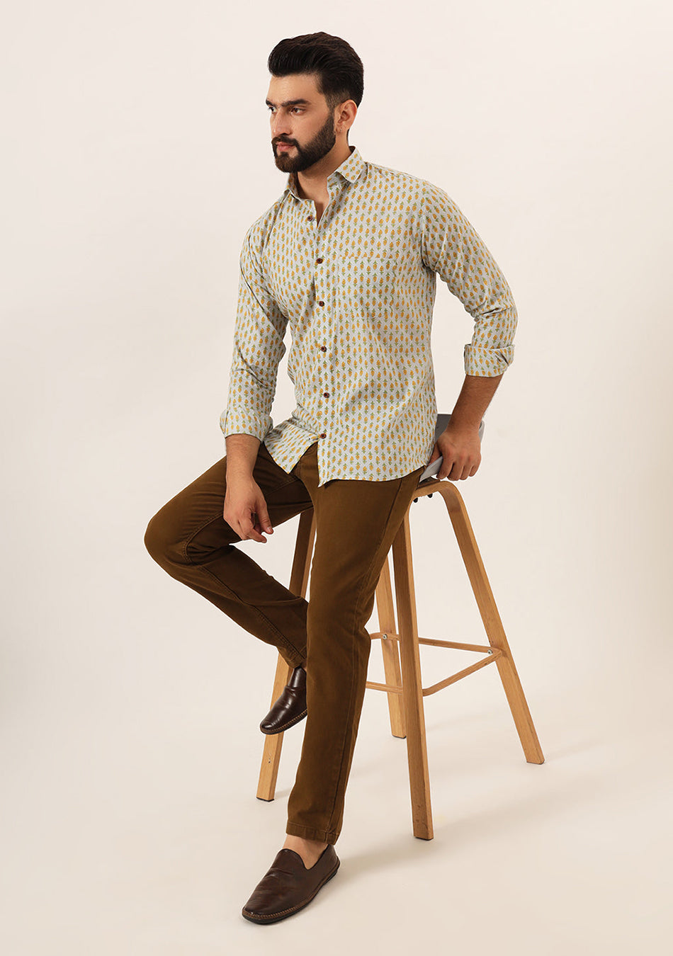 White Booti Print Pure Cotton Regular Fit Casual Shirt