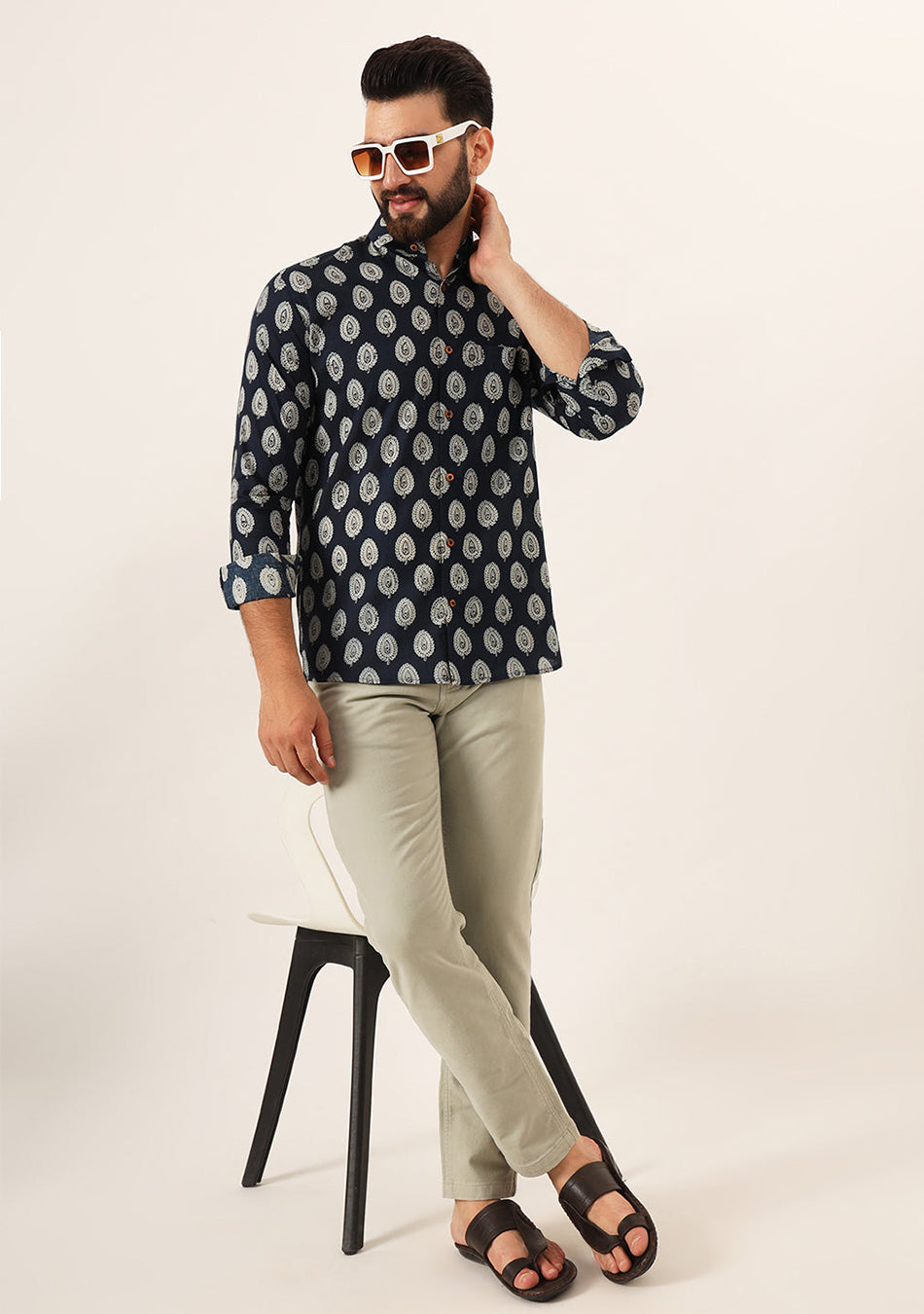 Navy Blue Printed Pure Cotton Regular Fit Casual Shirt