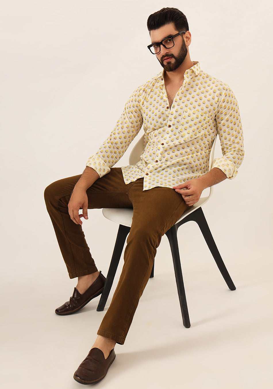 Yellow Floral Print Pure Cotton Regular Fit Casual Shirt