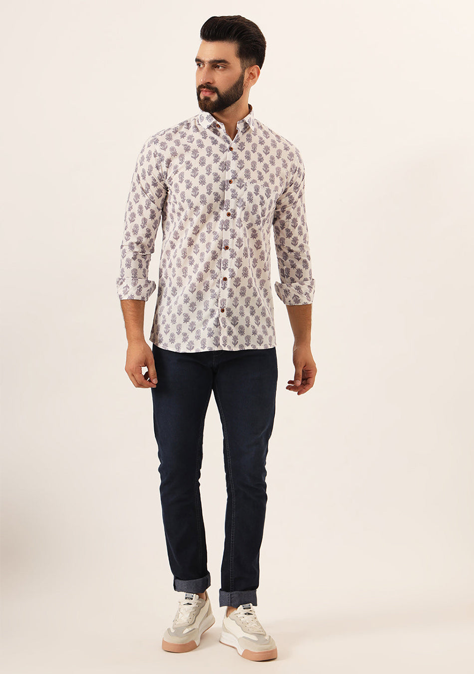 Cream Quirky Print Pure Cotton Regular Fit Casual Shirt