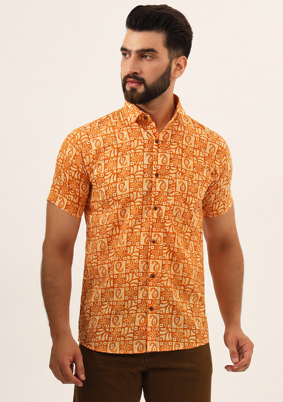 Orange Paisley Print Pure Cotton Regular Fit Casual Shirt