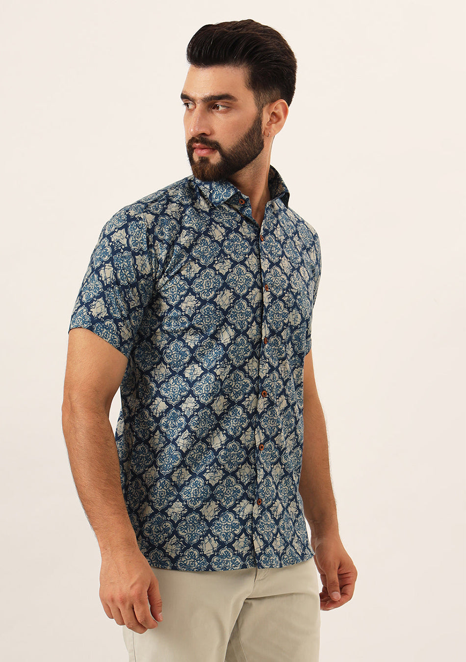 Blue Geometric Pure Cotton Regular Fit Casual Shirt