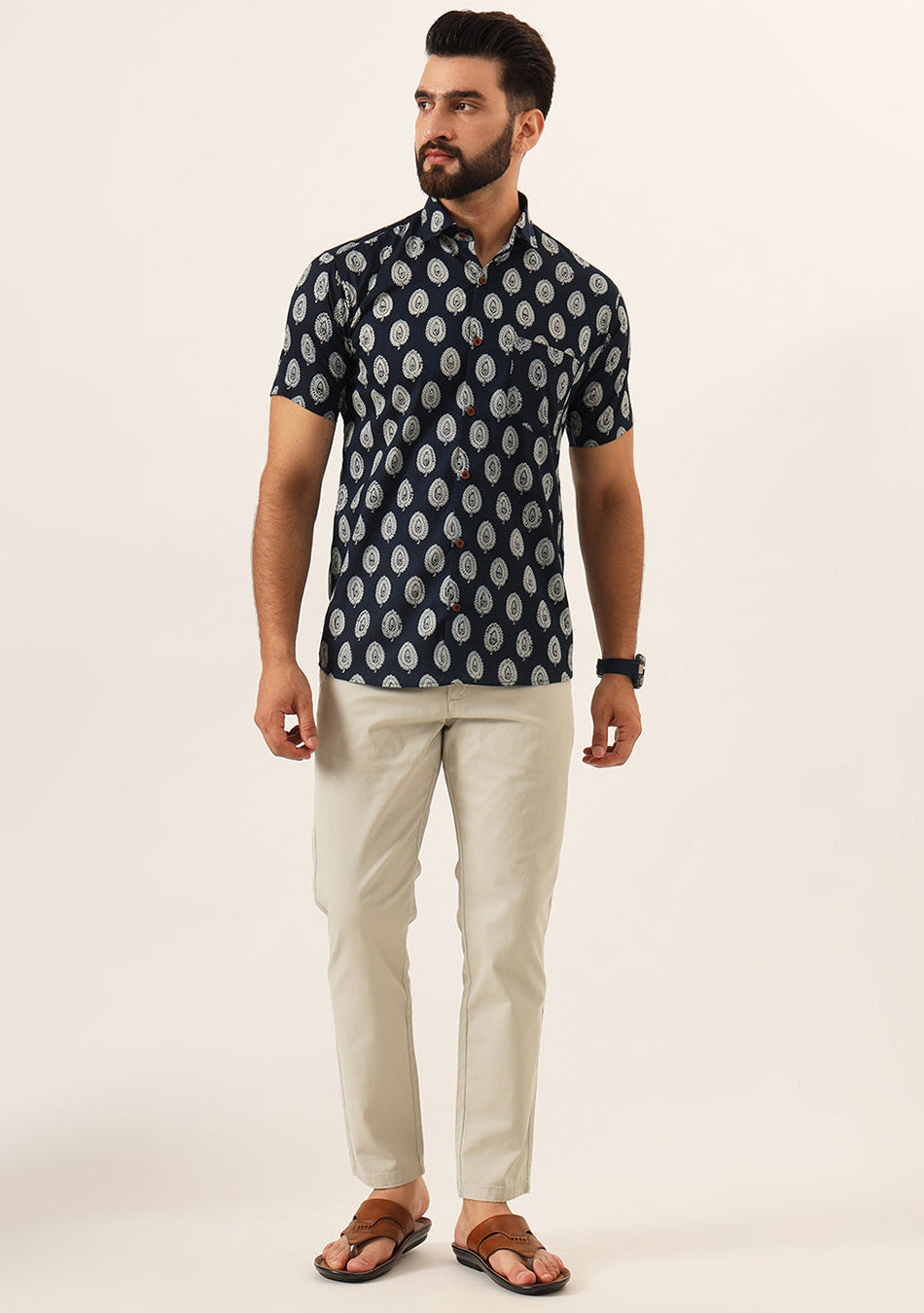 Navy Blue Floral Print Pure Cotton Regular Fit Casual Shirt