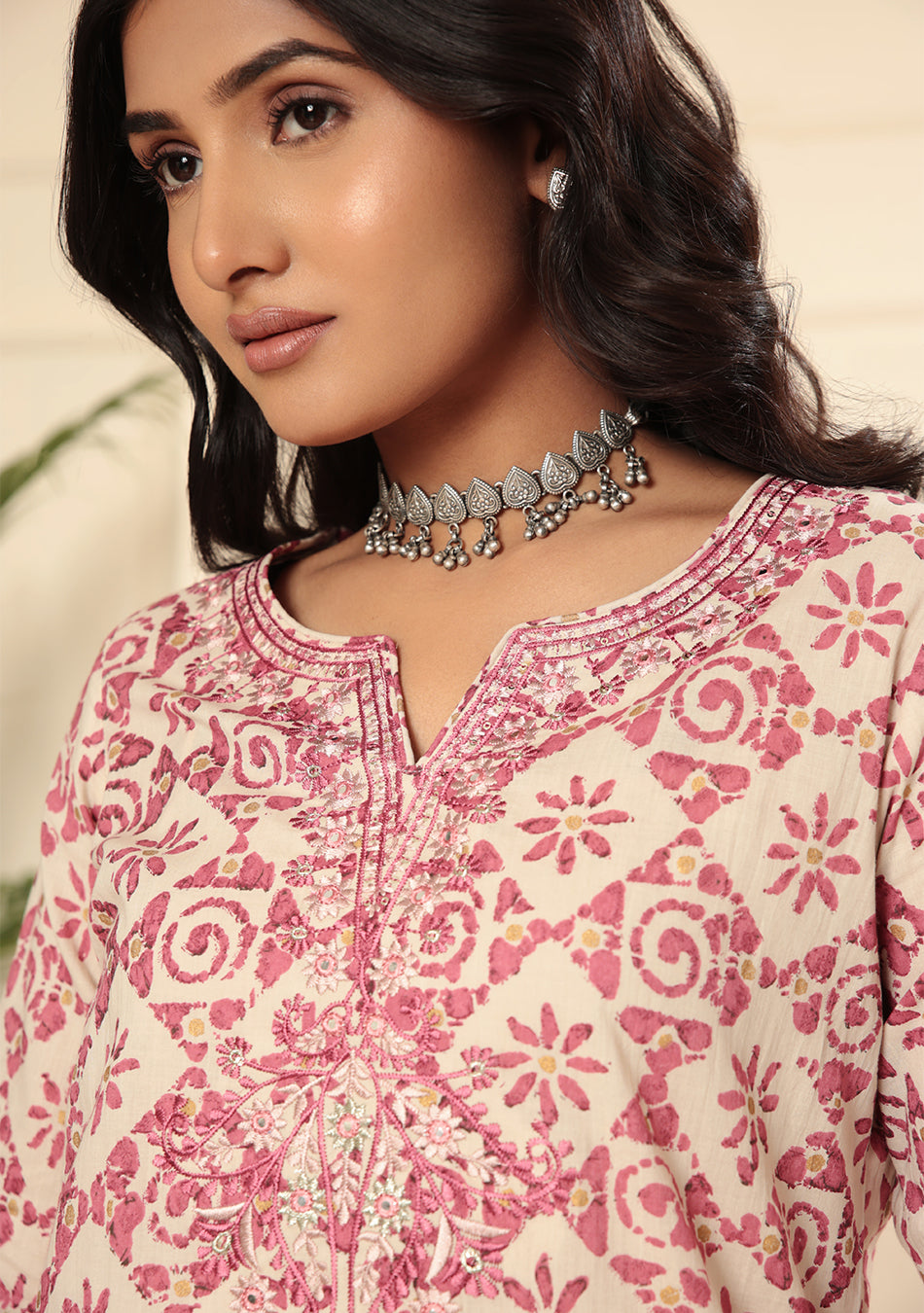 White & Red Floral Print kurta Pant set with Dupatta