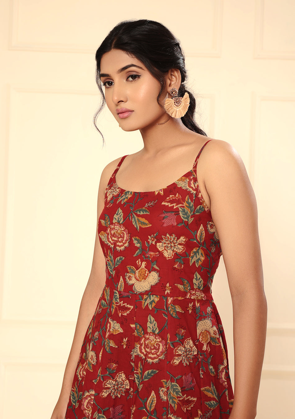 Crimson Red Shoulder Straps Floral Dress