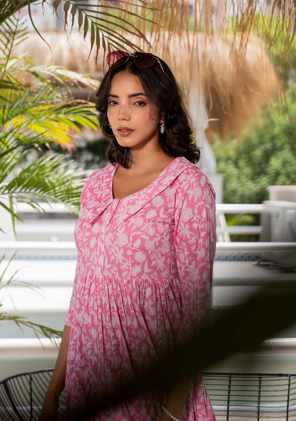 Pink Floral Printed Collar Neck Calf length Cotton dress for Women