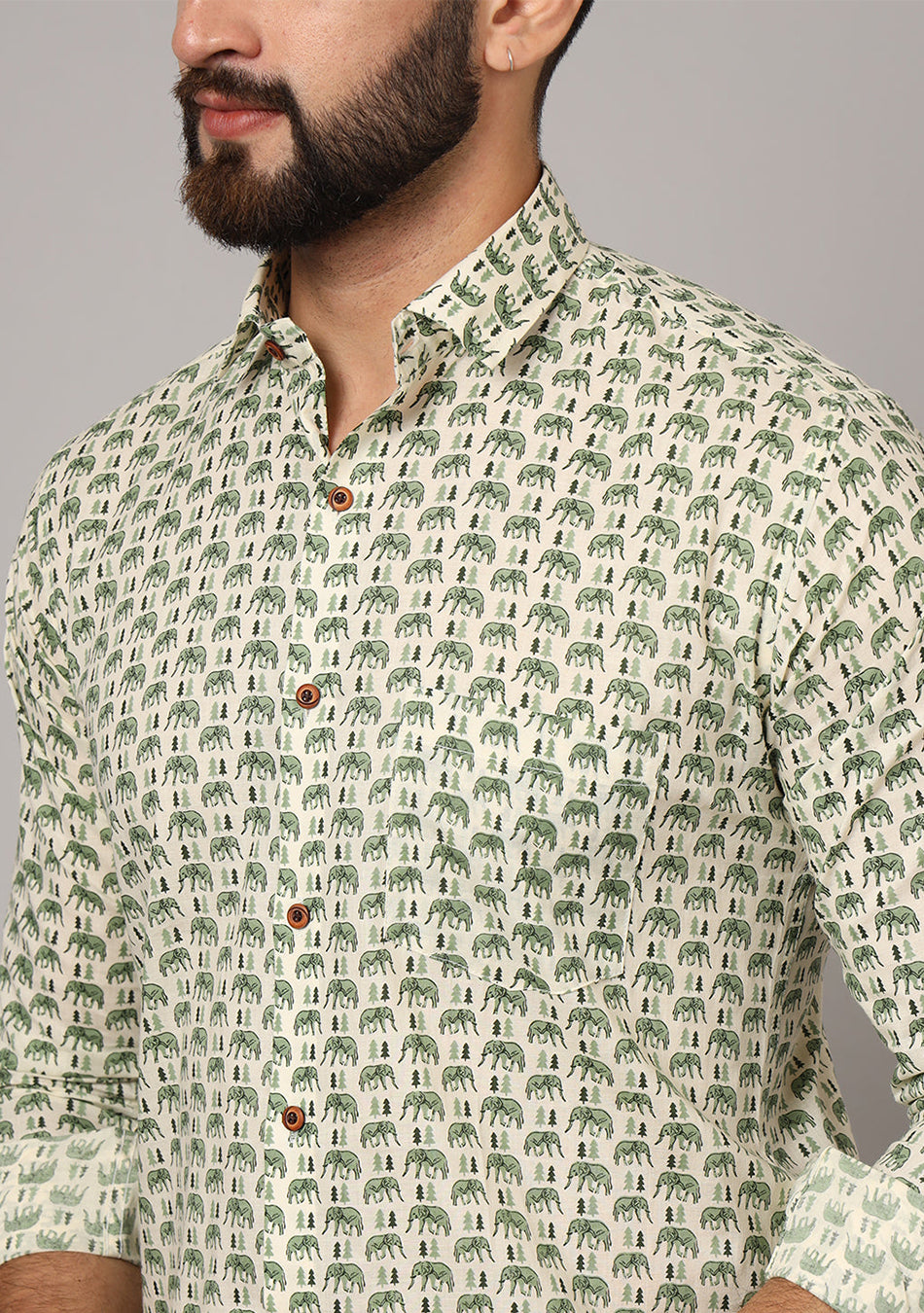 Green Ethnic Motif Pure Cotton Regular Fit Casual Shirt