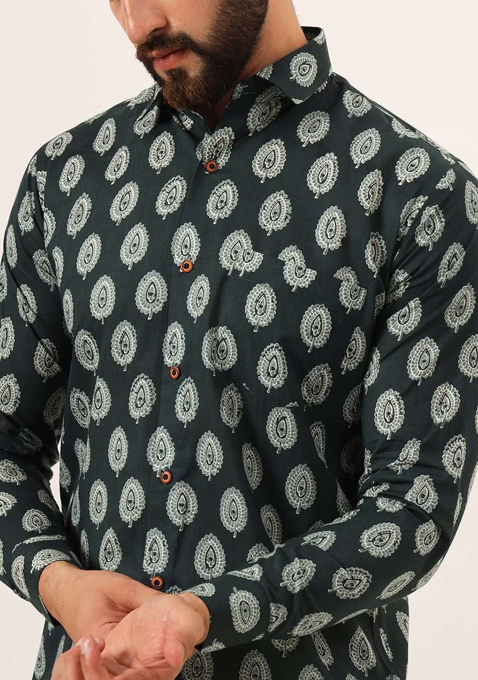 Dark Green Printed Pure Cotton Regular Fit Casual Shirt