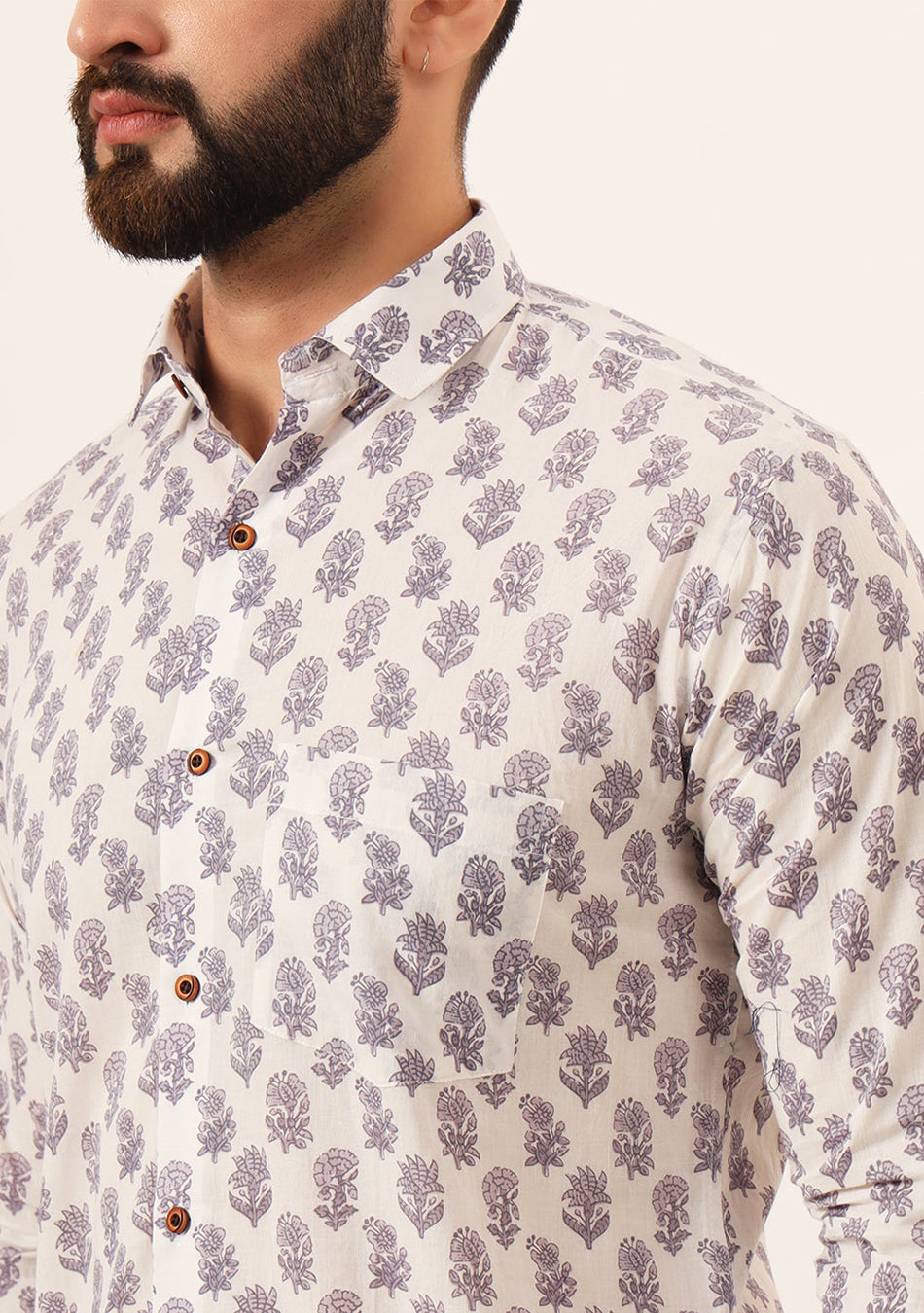 Cream Quirky Print Pure Cotton Regular Fit Casual Shirt