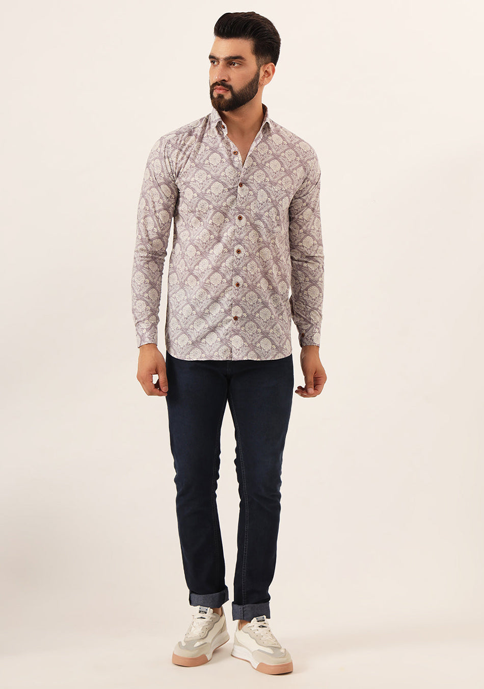Lavender Geometric Pure Cotton Regular Fit Casual Shirt