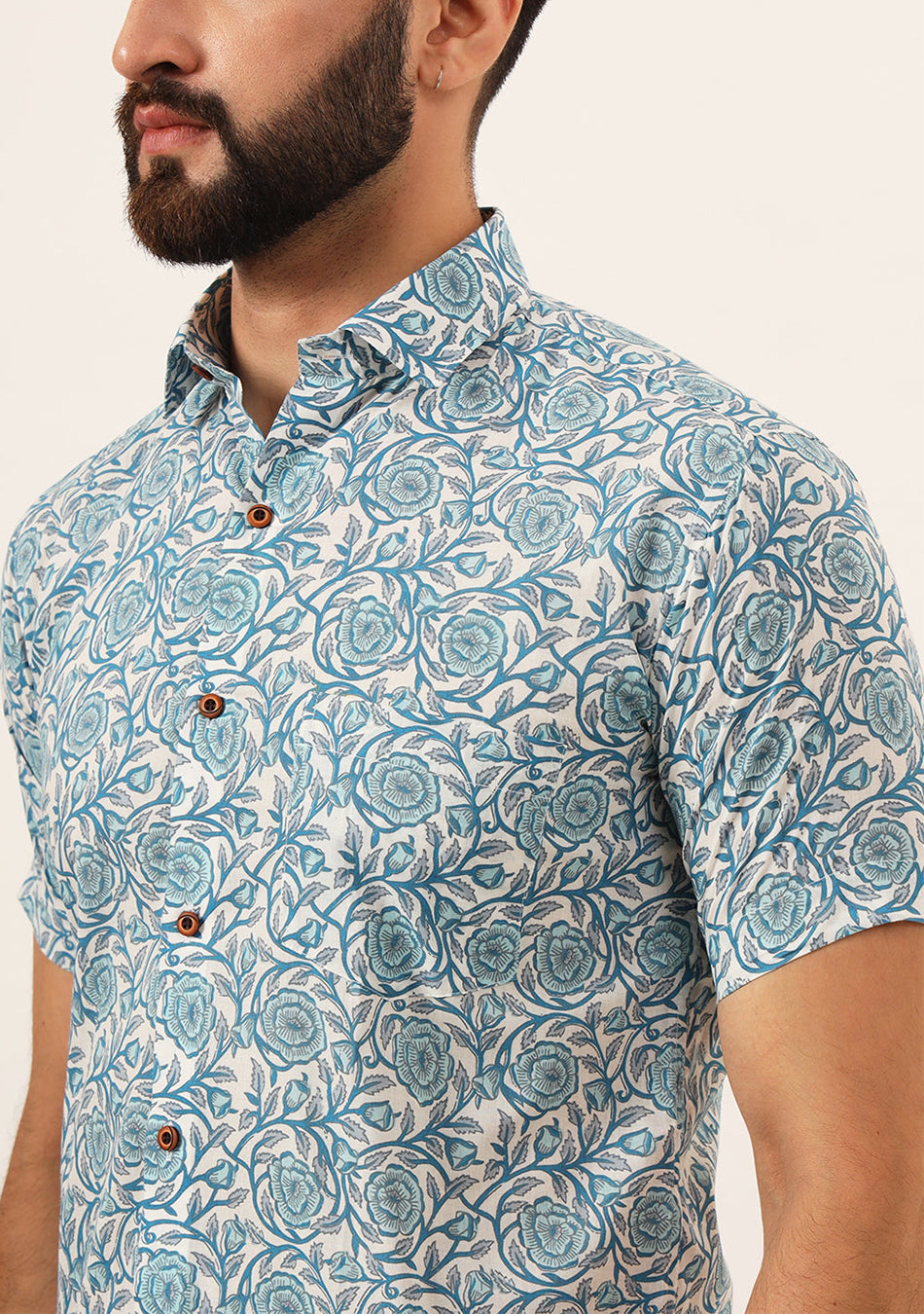 Sky Blue Floral Print Pure Cotton Regular Fit Casual Shirt