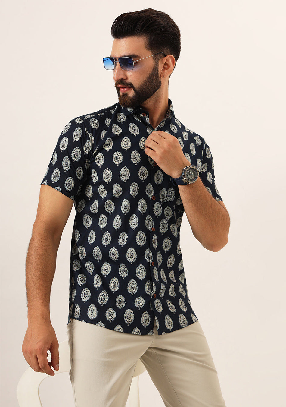 Navy Blue Floral Print Pure Cotton Regular Fit Casual Shirt