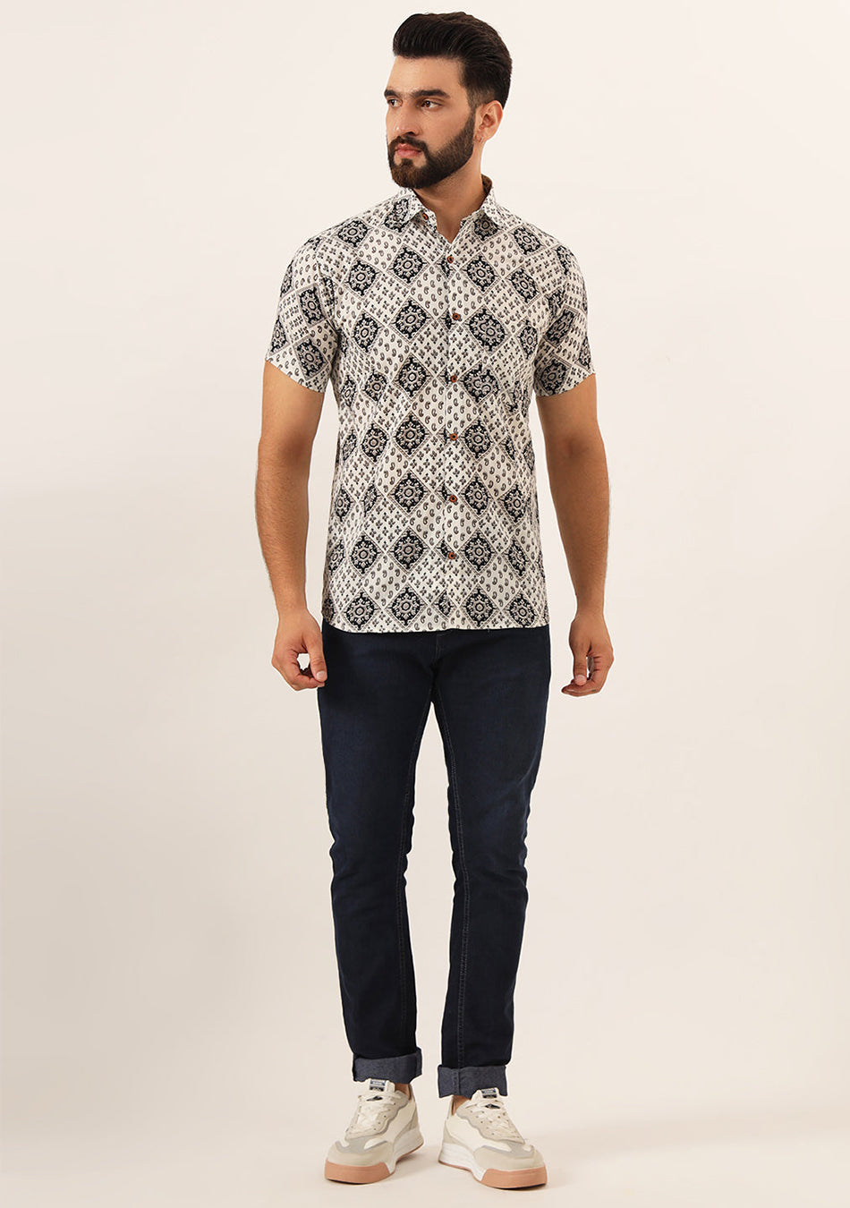 White Geometric Pure Cotton Regular Fit Casual Shirt