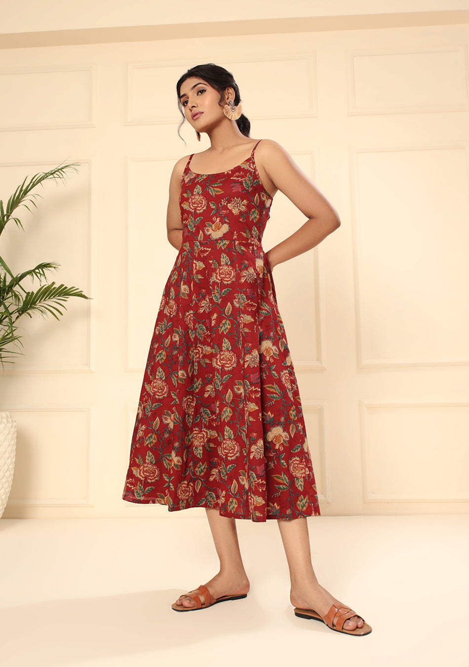 Crimson Red Shoulder Straps Floral Dress