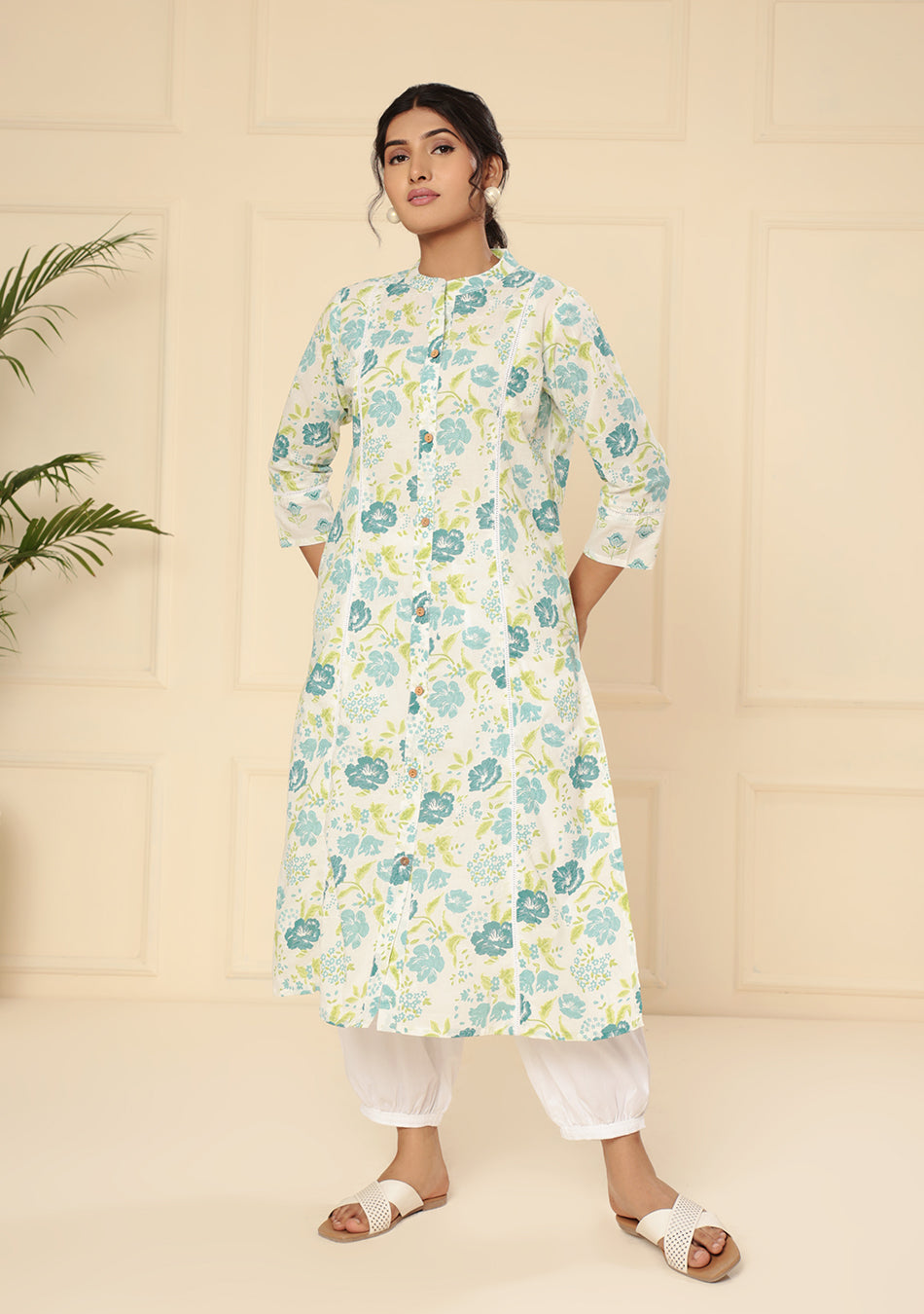 White Floral Printed A-Line Kurta