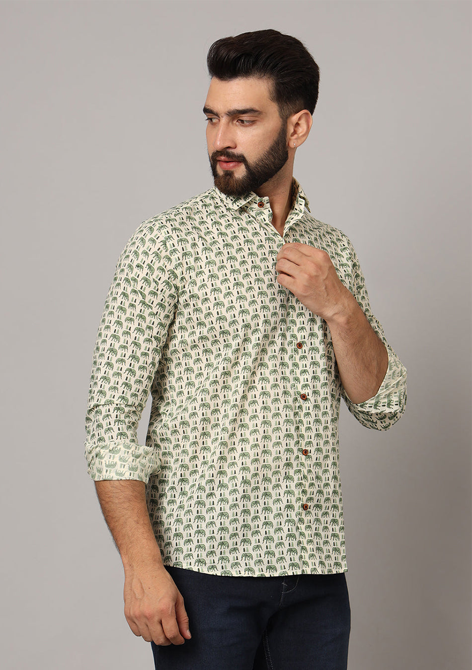 Green Ethnic Motif Pure Cotton Regular Fit Casual Shirt