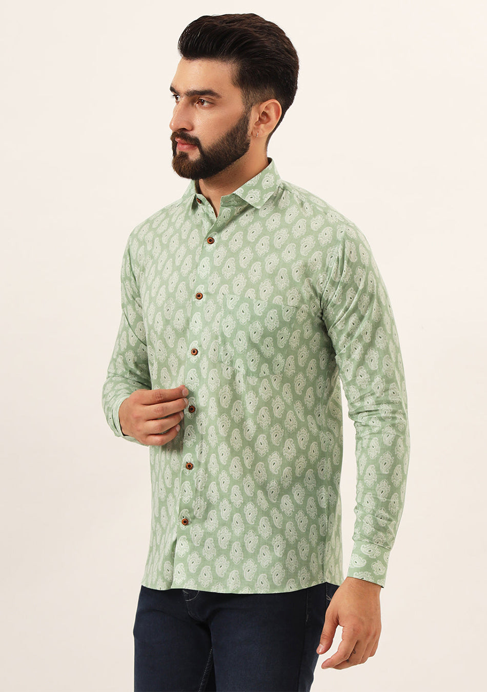 Green Paisley Print Pure Cotton Regular Fit Casual Shirt