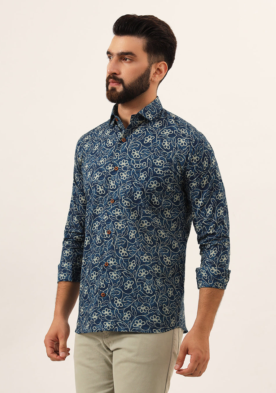Blue Floral Print Pure Cotton Regular Fit Casual Shirt