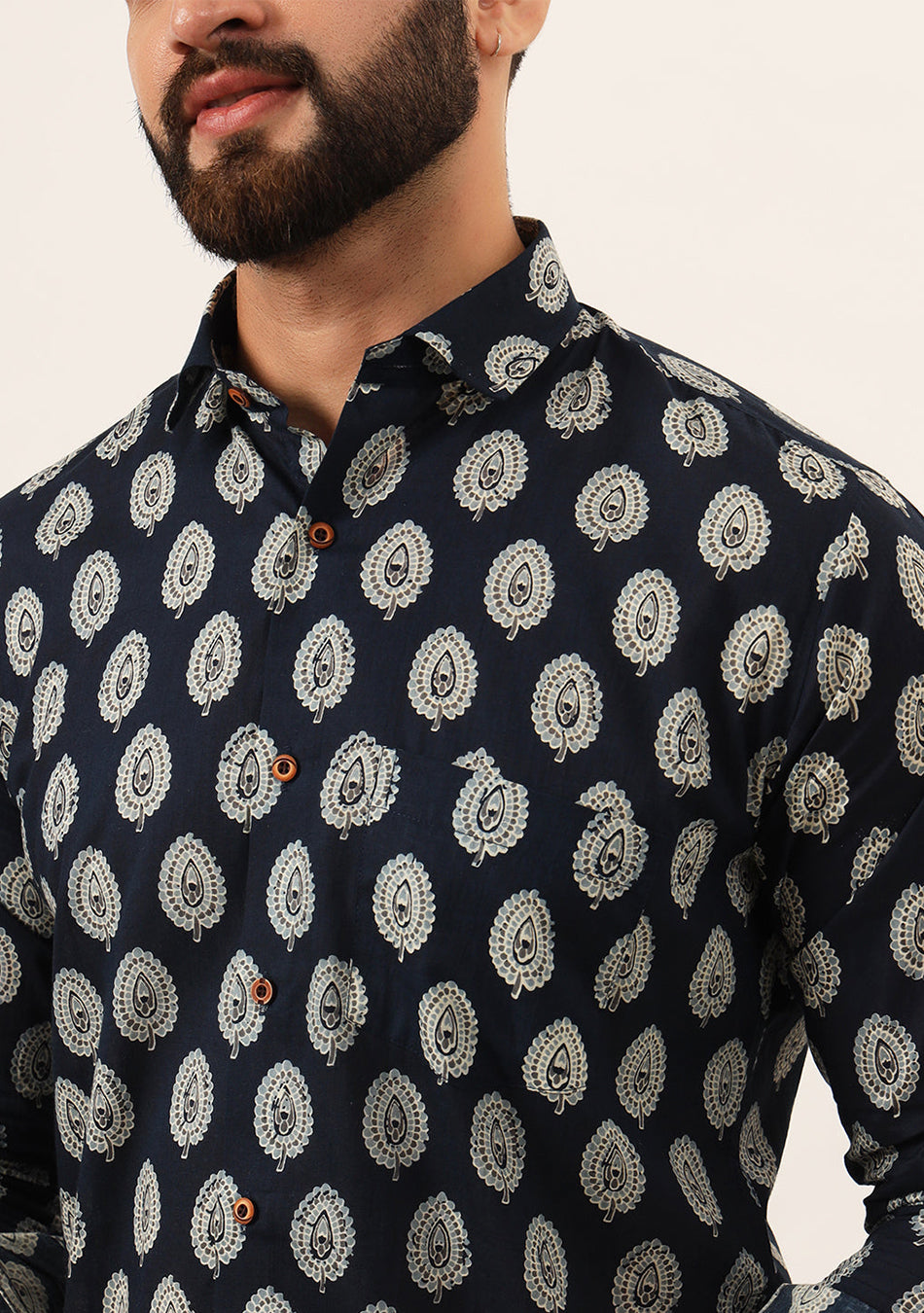 Navy Blue Printed Pure Cotton Regular Fit Casual Shirt
