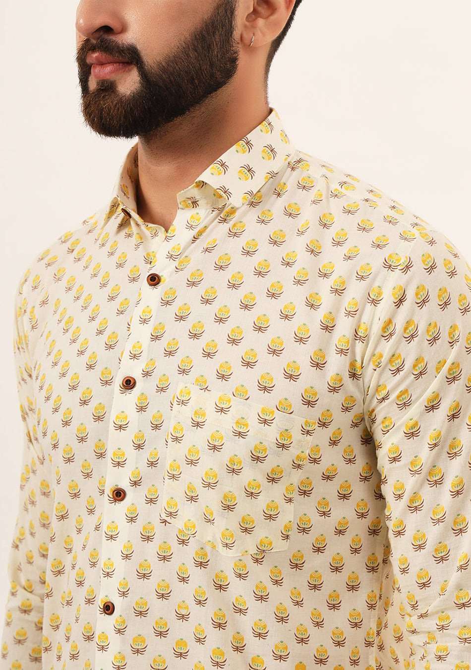 Yellow Floral Print Pure Cotton Regular Fit Casual Shirt