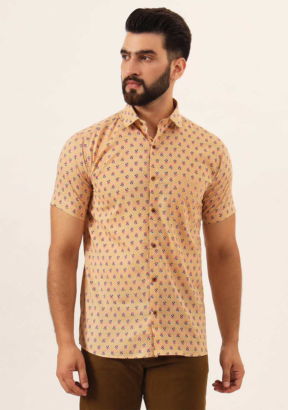 Beige Printed Pure Cotton Regular Fit Casual Shirt