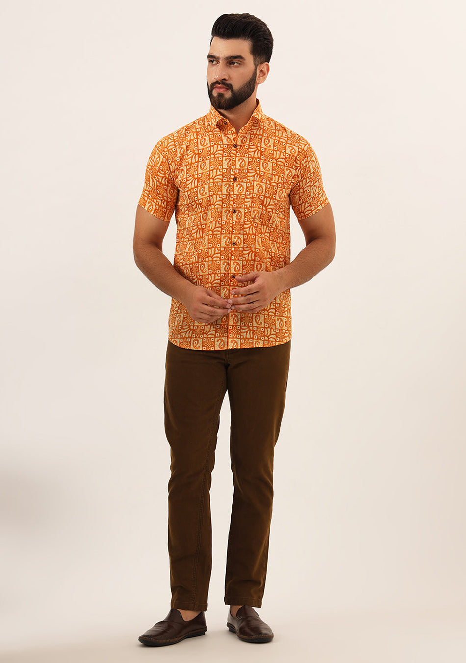 Orange Paisley Print Pure Cotton Regular Fit Casual Shirt