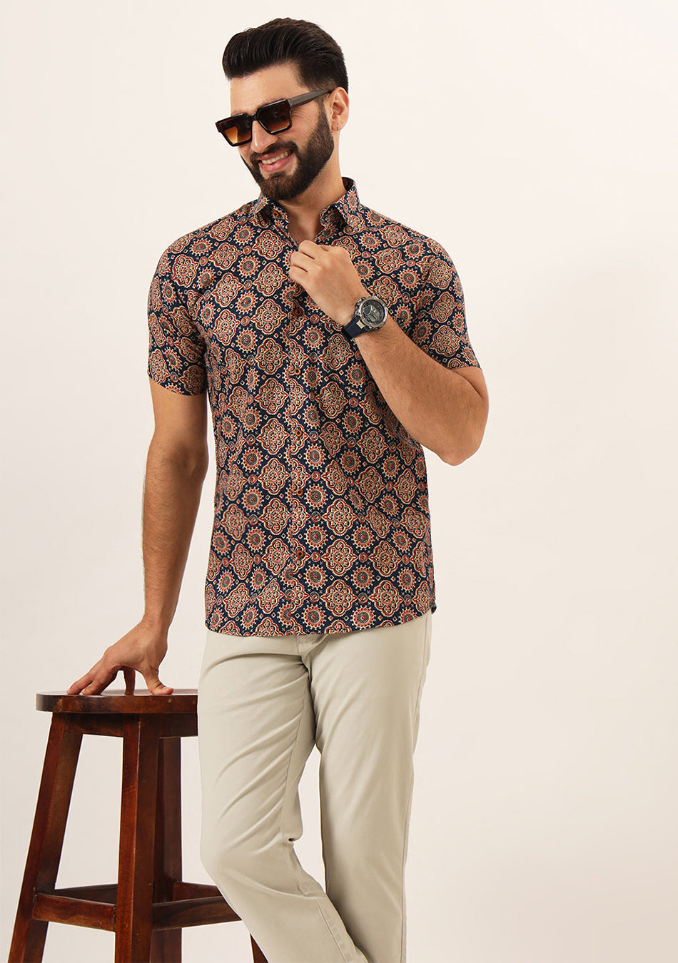 MultiColor Geometric Pure Cotton Regular Fit Casual Mem's Shirt