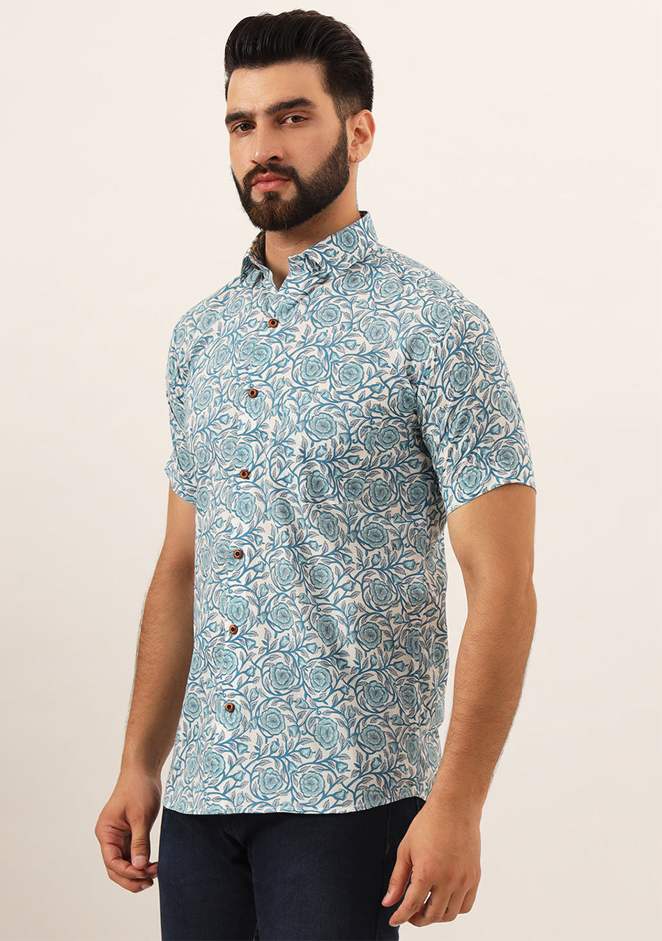 Sky Blue Floral Print Pure Cotton Regular Fit Casual Shirt