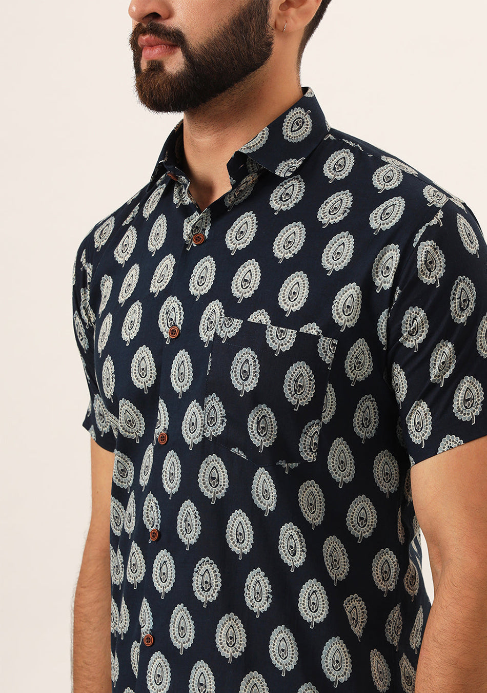 Navy Blue Floral Print Pure Cotton Regular Fit Casual Shirt