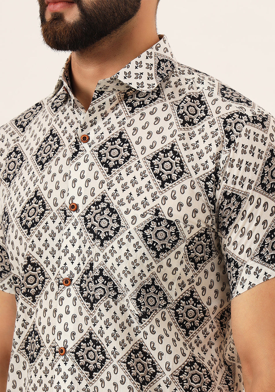 White Geometric Pure Cotton Regular Fit Casual Shirt