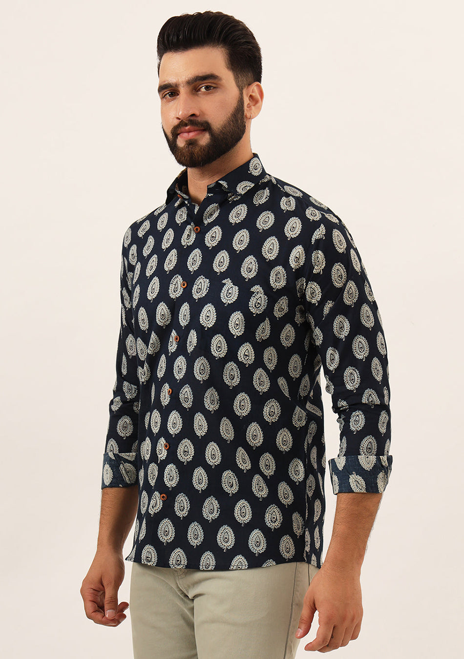 Navy Blue Printed Pure Cotton Regular Fit Casual Shirt