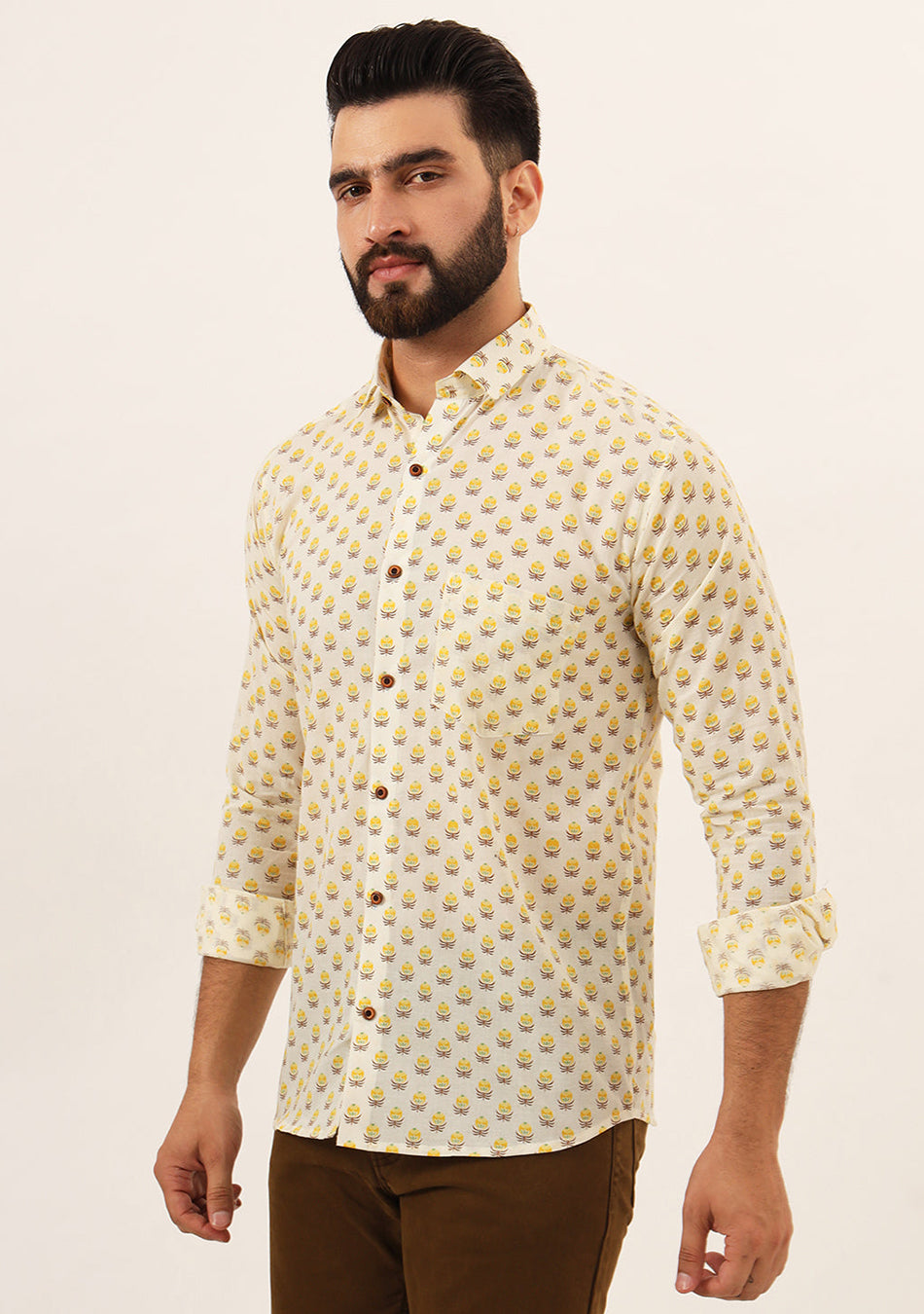 Yellow Floral Print Pure Cotton Regular Fit Casual Shirt