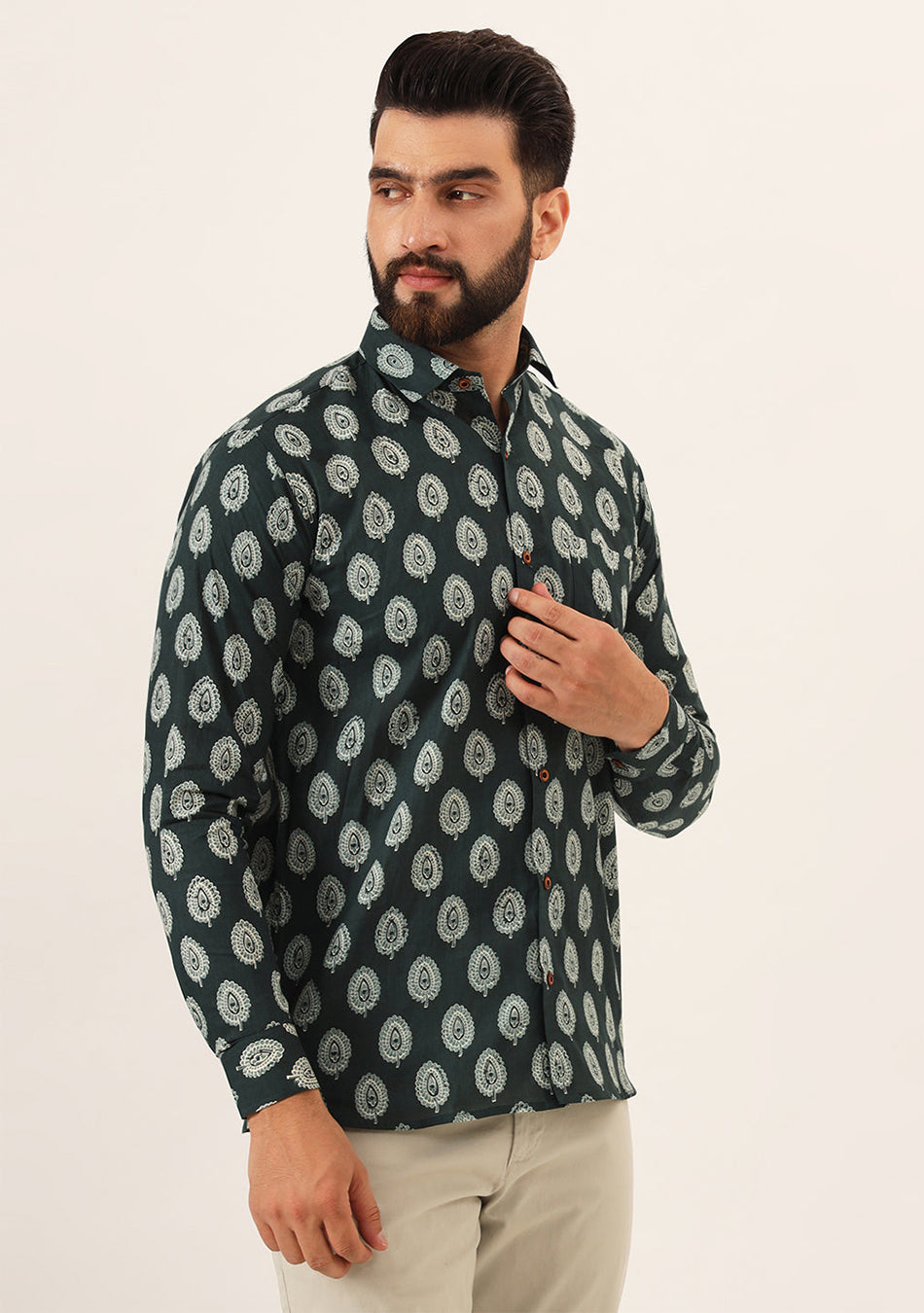 Dark Green Printed Pure Cotton Regular Fit Casual Shirt