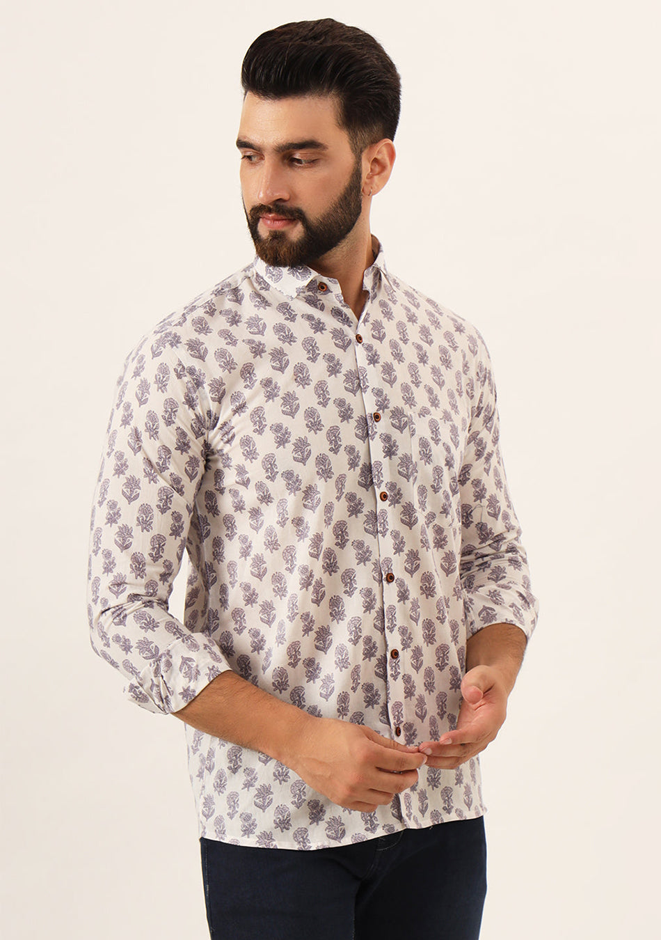 Cream Quirky Print Pure Cotton Regular Fit Casual Shirt