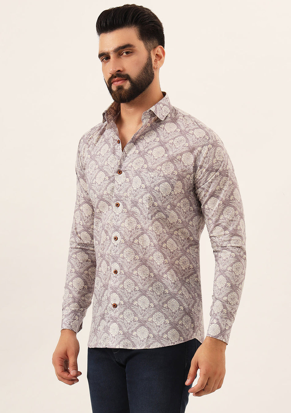 Lavender Geometric Pure Cotton Regular Fit Casual Shirt