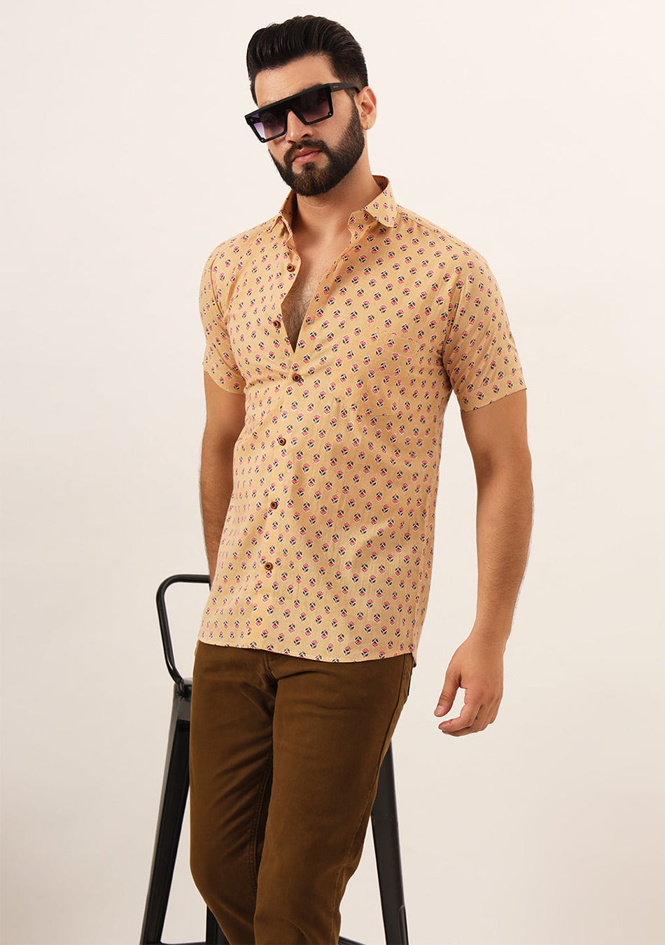 Beige Printed Pure Cotton Regular Fit Casual Shirt