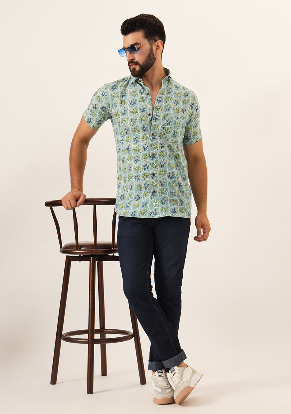 Green Floral Print Pure Cotton Regular Fit Casual Shirt