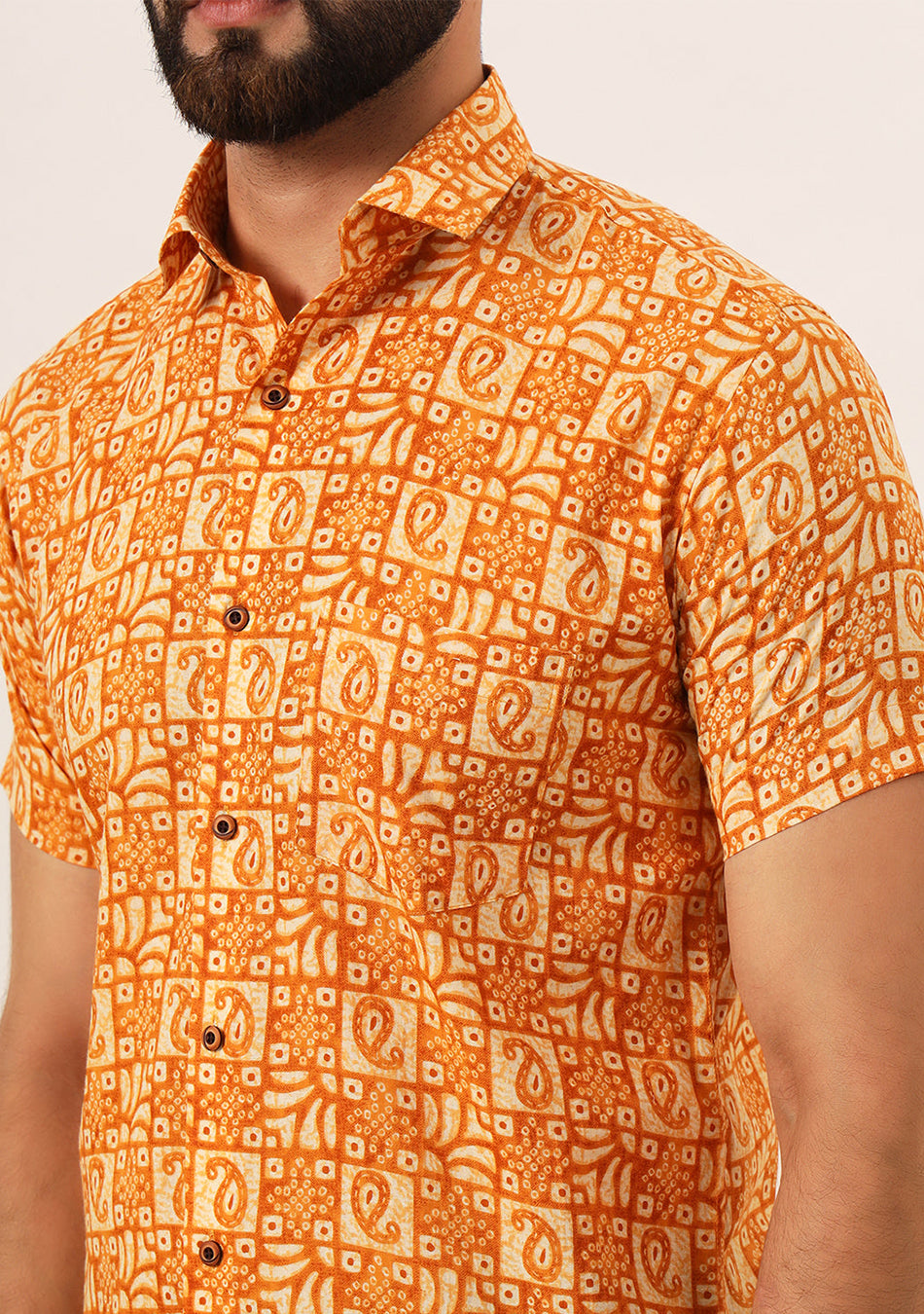 Orange Paisley Print Pure Cotton Regular Fit Casual Shirt