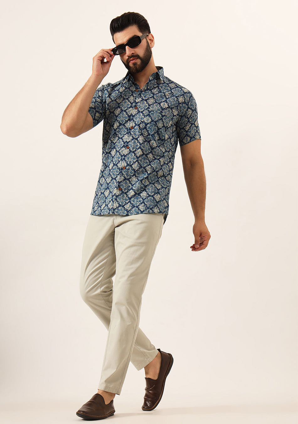 Blue Geometric Pure Cotton Regular Fit Casual Shirt